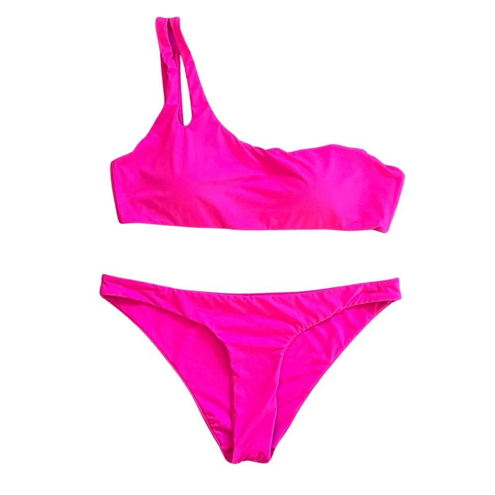 Two Piece Bikini Swimsuit One Shoulder Hot Pink Neon Barbiecore L